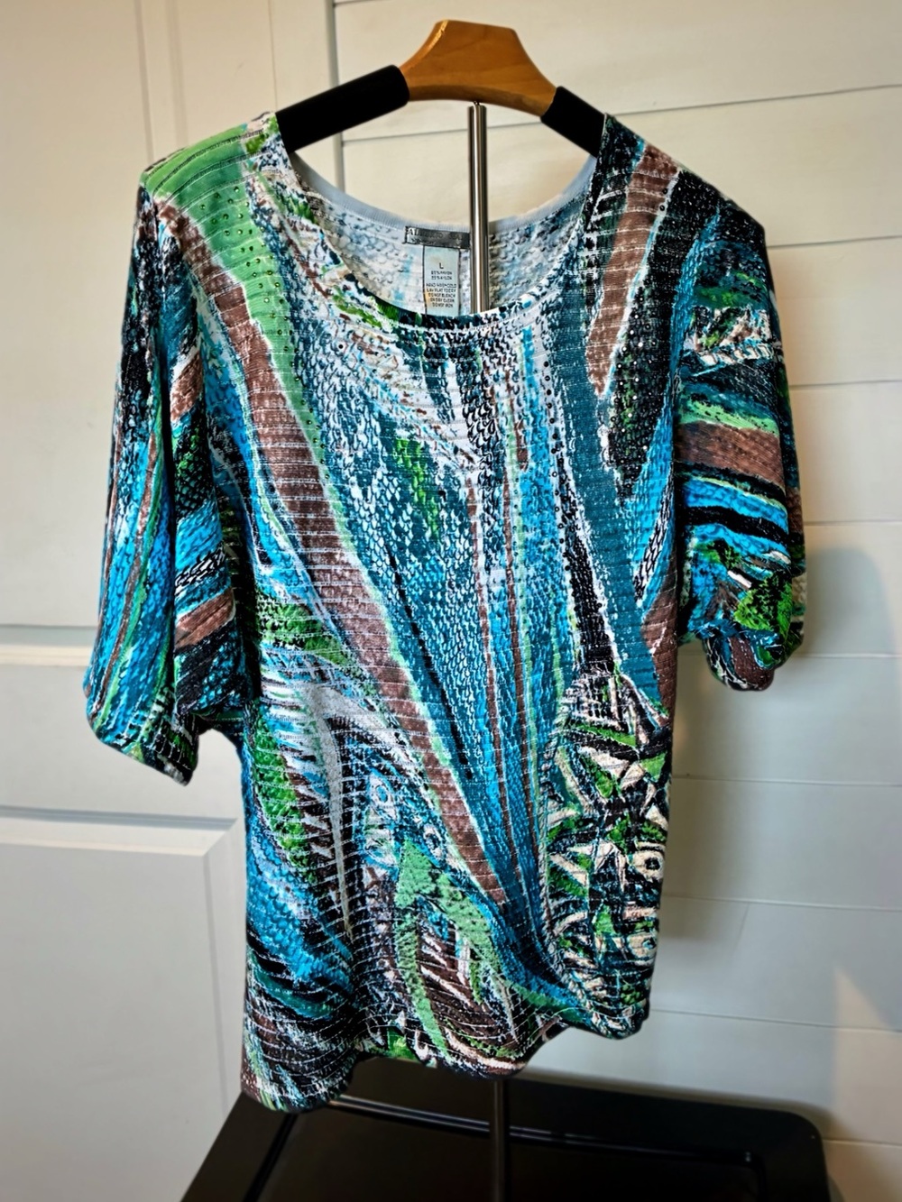 Alberto Makali Blue, Green & Brown Abstract Short Sleeve Top